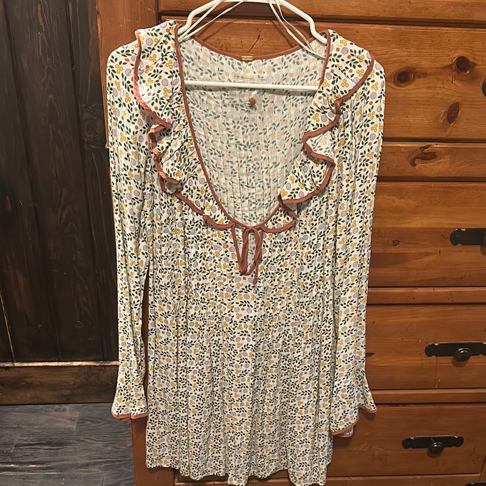 Free People Cream Ruffled Tie Front Mini Dress